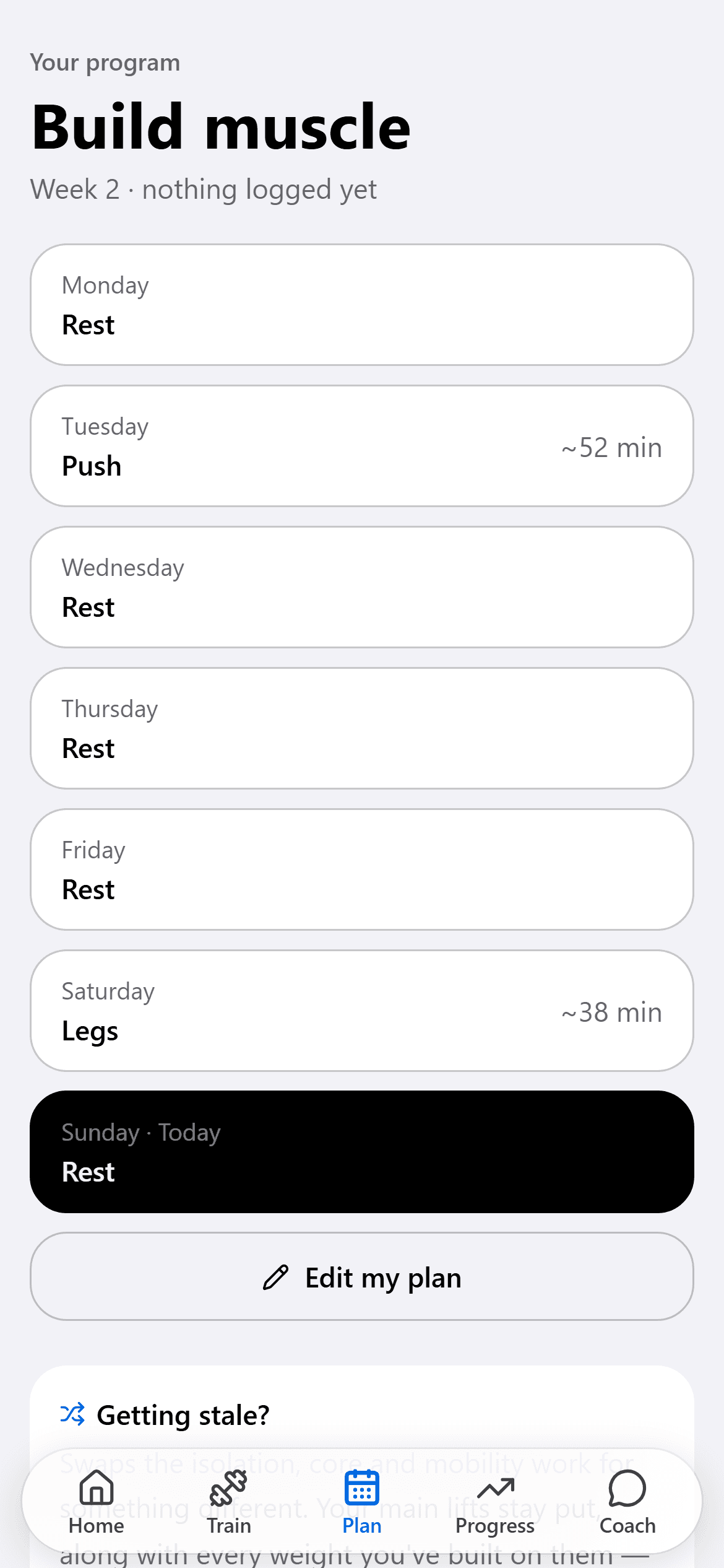 The week view, showing which day each session falls on.